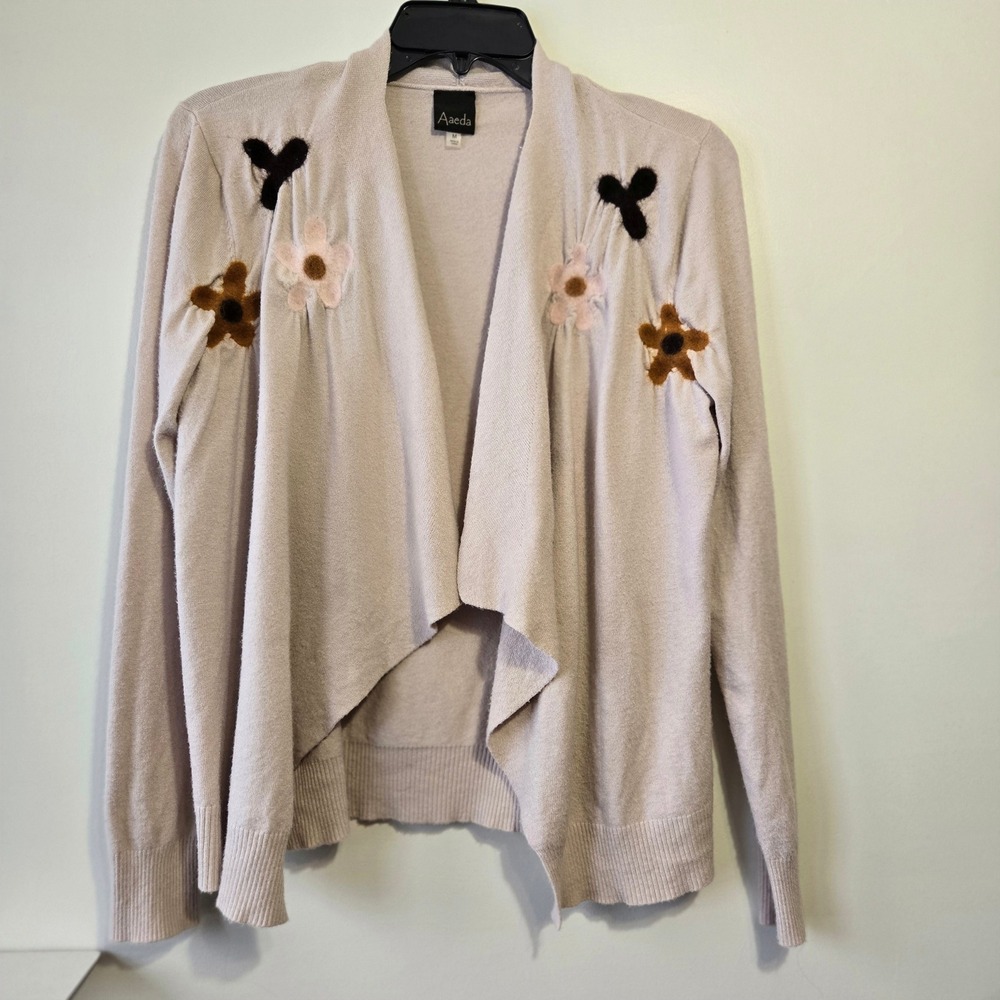 Aaeda Women's Cardigan Sweater Cream Taupe Knit Open Front Size M